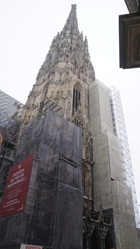 Fassade mit Gerüst mit Fasadenspiegel Gesamtansicht · Rechte: Archiv der Dombauhütte St.Stephan
